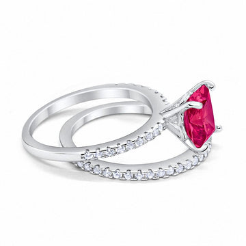 Two Piece Engagement Ring Asscher Cut Simulated Ruby CZ 925 Sterling Silver